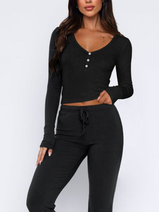 V-Neck Long Sleeve Top and Pants Set - Divacious