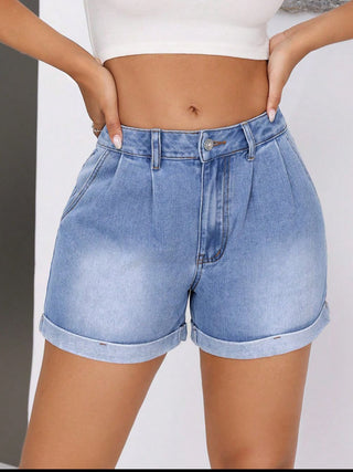 Rolled Hem Mid-Rise Waist Denim Shorts Divacious