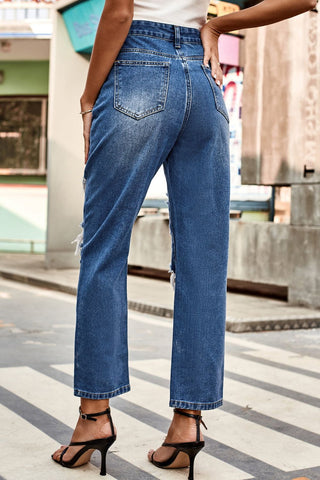 Distressed High Waist Straight Jeans Divacious