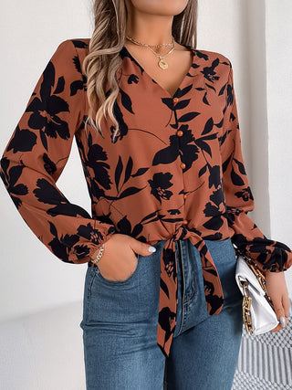 Printed V-Neck Long Sleeve Blouse Divacious