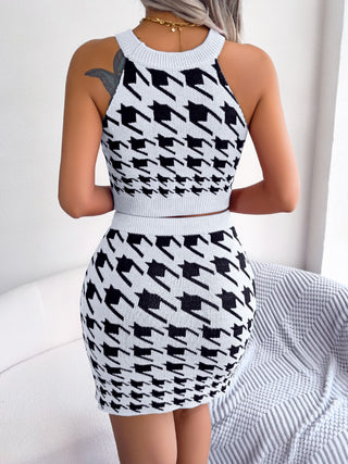 Houndstooth Sleeveless Top and Skirt Sweater Set Trendsi