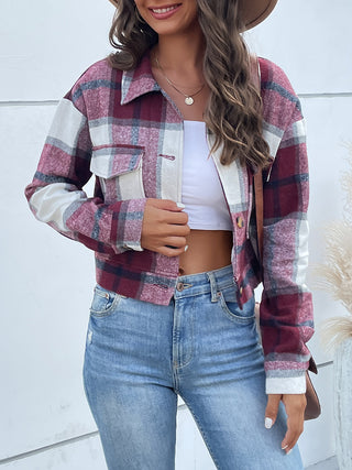 Plaid Button Up Drop Shoulder Cropped Jacket Divacious