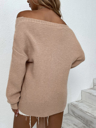 Ribbed Tied Off-Shoulder Sweater Divacious