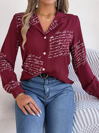 Letter Printed Button Up Long Sleeve Blouse Divacious