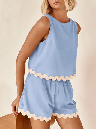 Contrast Trim Round Neck Top and Shorts Set Trendsi