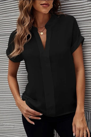 Full Size Notched Short Sleeve Blouse Divacious