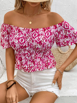 Peplum Printed Off-Shoulder Short Sleeve Blouse Divacious