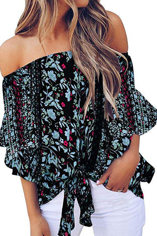 Tied Printed Off-Shoulder Half Sleeve Blouse Divacious