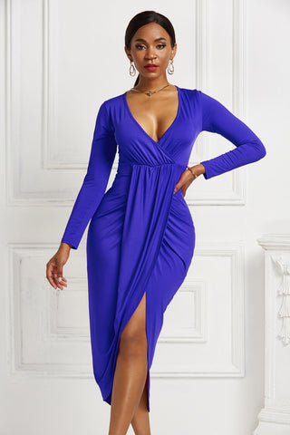 High-low Ruched Surplice Long Sleeve Dress Trendsi