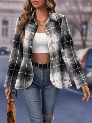 Plaid Button Up Long Sleeve Jacket Divacious