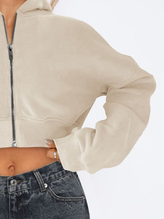 Zip Up Long Sleeve Hooded Cropped Jacket Trendsi