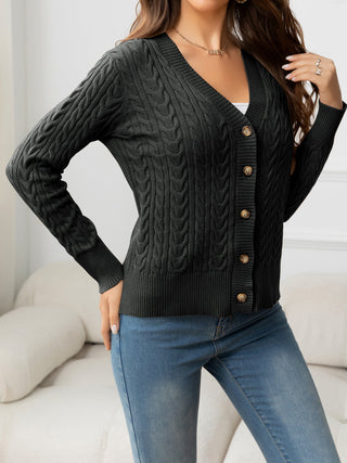 V-Neck Long Sleeve Cable-Knit Buttoned Knit Top Divacious