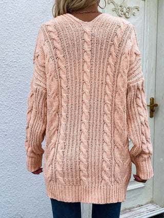 Woven Right Cable-Knit Open Front Cardigan with Front Pockets Divacious