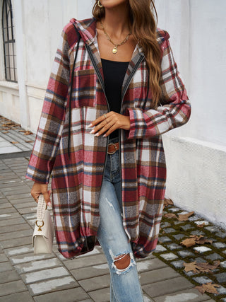 Plaid Zip Up Hooded Coat Divacious