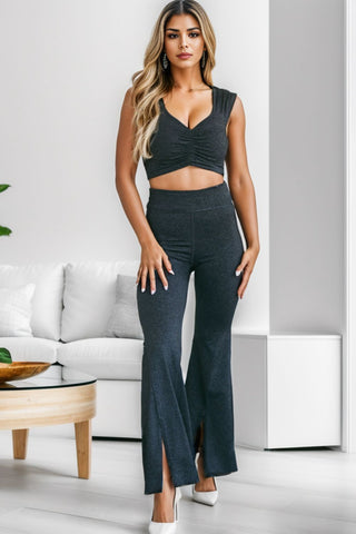 Ruched Cutout Tank and Slit Pants Set Trendsi