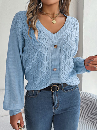 Cable-Knit V-Neck Lantern Sleeve Sweater Divacious