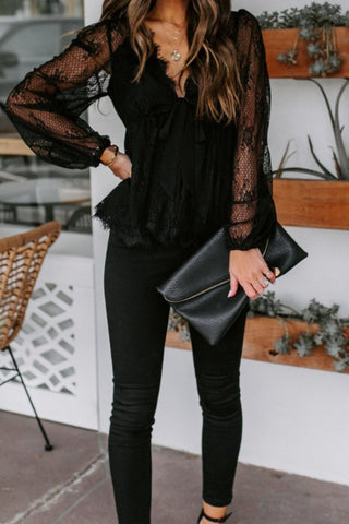 Lace Detail Plunge Long Sleeve Blouse Divacious