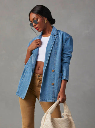 Collared Neck Long Sleeve Denim Jacket Divacious