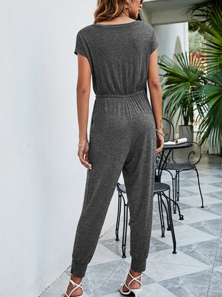 Drawstring Waist Short Sleeve Jogger Jumpsuit Divacious