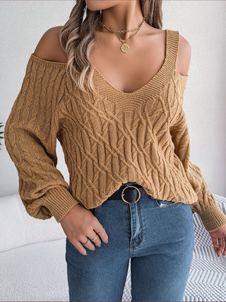 Cable-Knit Cold Shoulder Long Sleeve Sweater Divacious