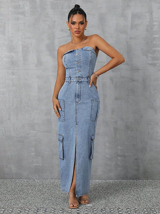 Slit Half Button Tube Denim Dress - Divacious