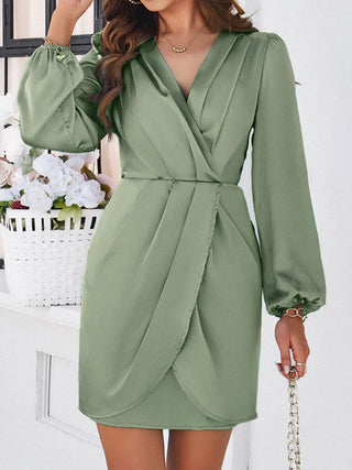 Devine Ruched Surplice Long Sleeve Mini Dress Trendsi