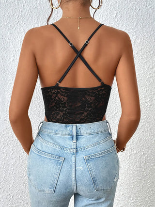 Crisscross Lace Spaghetti Strap Bodysuit Divacious