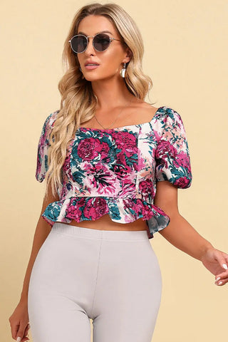 Floral Tied Cropped Peplum Blouse Divacious