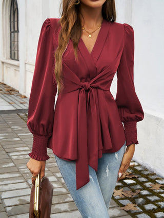 Smocked Surplice Long Sleeve Blouse Divacious