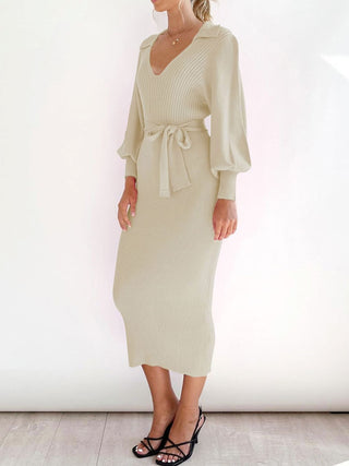 Tied Long Sleeve Wrap Sweater Dress Divacious