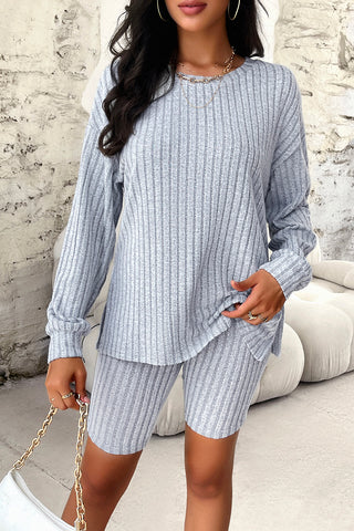 Ribbed Round Neck Dropped Shoulder Top and Shorts Set - Divacious