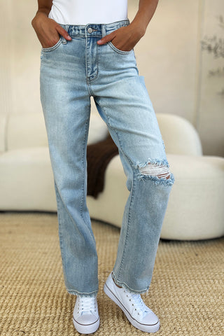 Full Size High Waist Distressed Straight Jeans Divacious