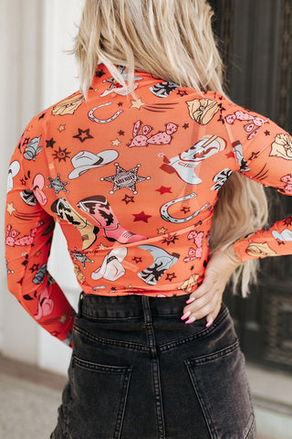 Printed Mock Neck Long Sleeve Bodysuit Divacious