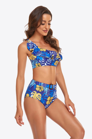 Ruffled One-Shoulder Buckled Bikini Set Divacious