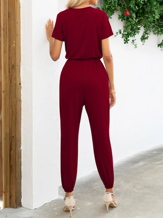 Short Sleeve V-Neck Jumpsuit with Pockets Divacious