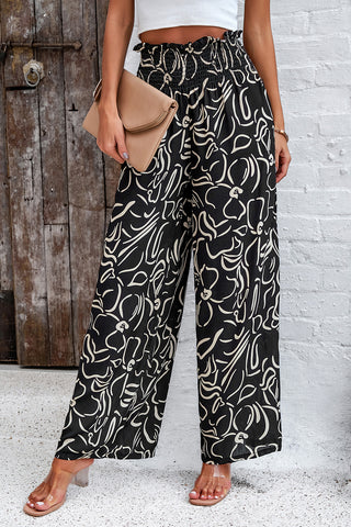 Smocked Printed Wide Leg Pants with Pockets Divacious