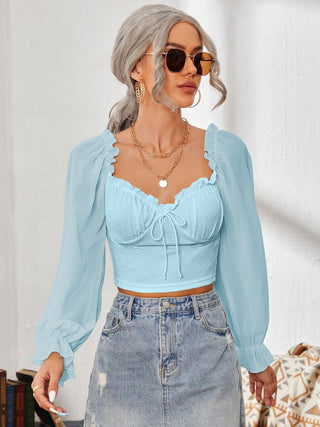 Mesh Sweetheart Neck Flounce Sleeve Top Divacious