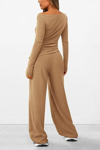 Round Neck Long Sleeve Top and Pants Set Trendsi