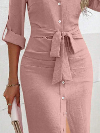 Tied Button Up Collared Neck Roll-Tab Sleeve Dress - Divacious