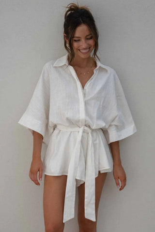 Tied Button Up Collared Neck Romper Divacious