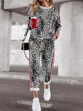 Leopard Round Neck Long Sleeve Top and Pants Set - Divacious