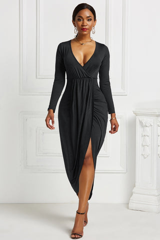 High-low Ruched Surplice Long Sleeve Dress Trendsi