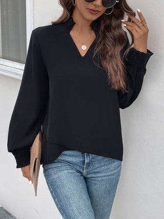 Smocked Notched Long Sleeve Blouse Divacious