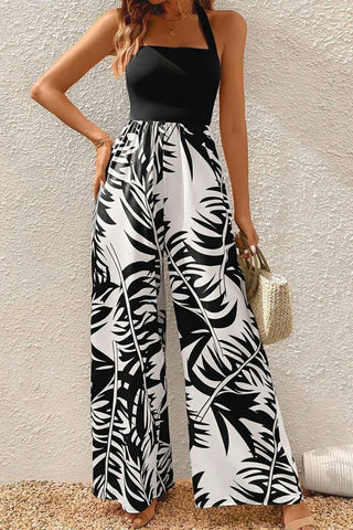 Printed Halter Wide Leg Jumpsuit Divacious