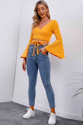 Tie Front Flare Sleeve Cropped Top Divacious