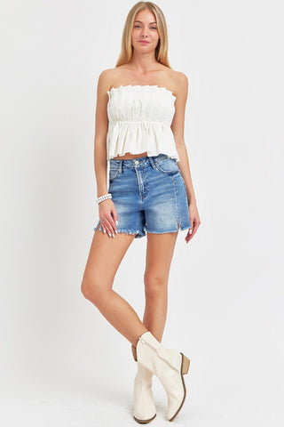 Front Slit Raw Hem Denim Shorts Divacious