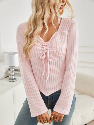 Ribbed Drawstring Long Sleeve T-Shirt - Divacious