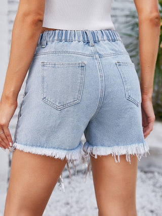 Distressed Pearl Trim Denim Shorts with Pockets Divacious