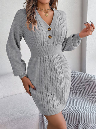 Buttoned Cable-Knit V-Neck Sweater Dress Divacious