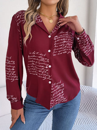 Letter Printed Button Up Long Sleeve Blouse Divacious